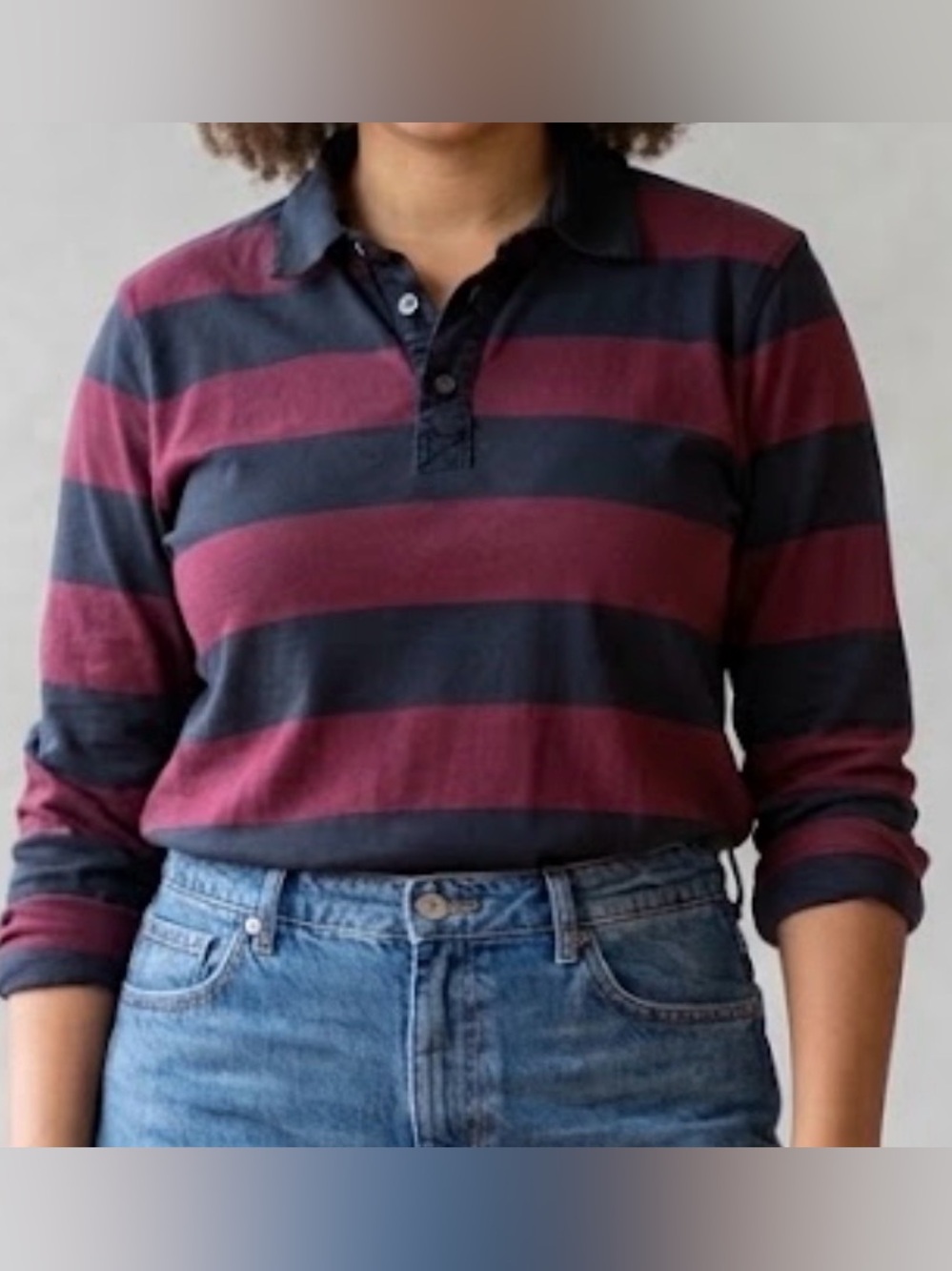 BANANA REPUBLIC Burgundy and NAVYLong-Sleeve Striped Rugby Polo Size MT